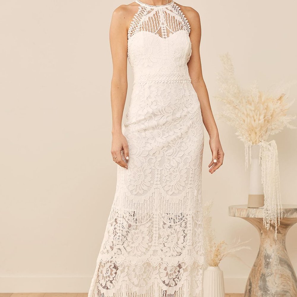 Lulus NWT Magic in the Moment White Lace Tiered Maxi Dress